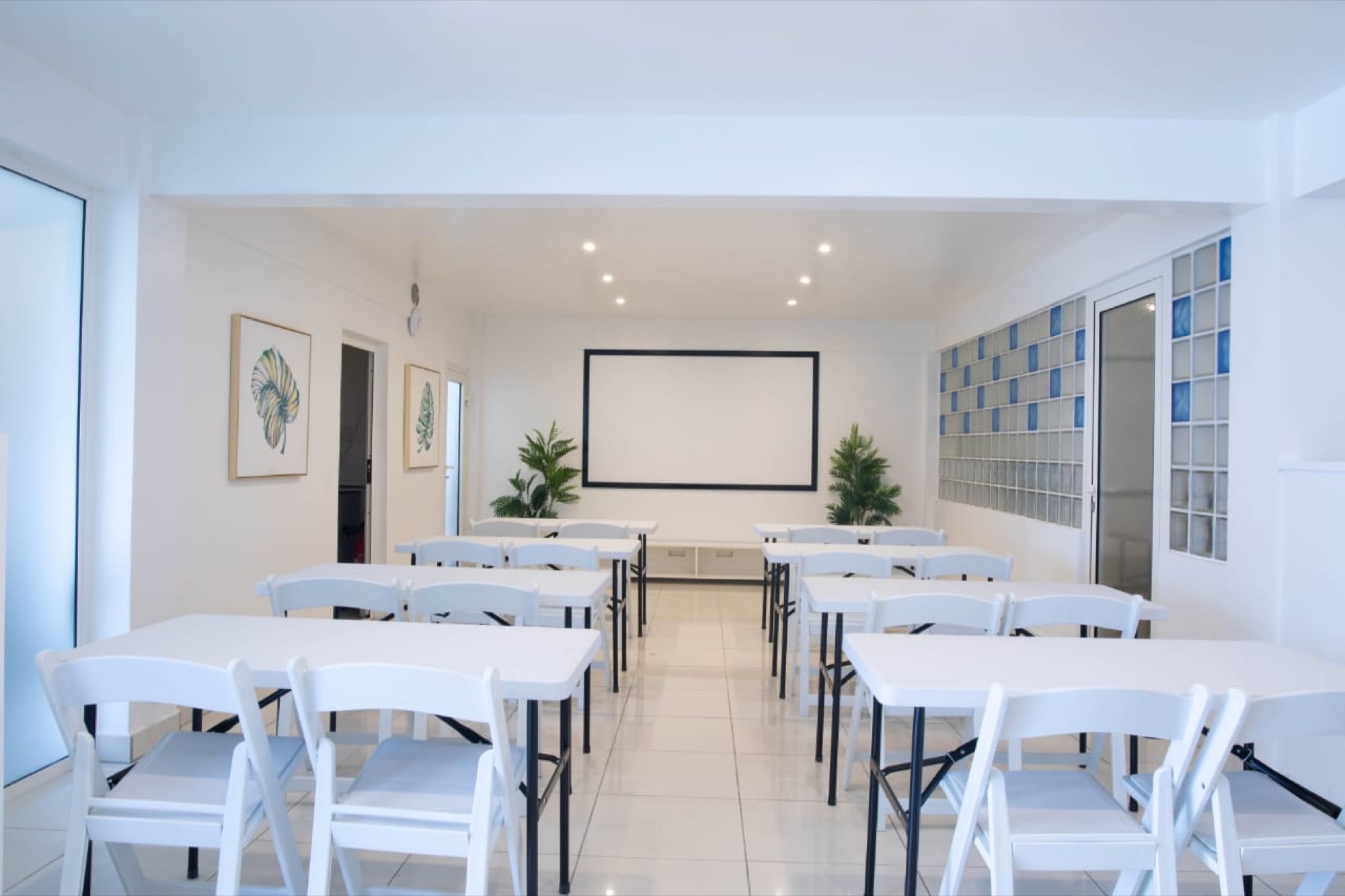 The hall re-set in classroom rows for a small training session